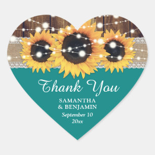 Teal Rustic Country Sunflower Wedding Favour Heart Sticker