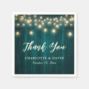 Teal Rustic Country Wood Lights Thank You Wedding Napkin