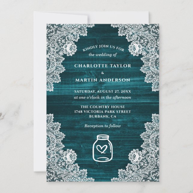 Teal Rustic Country Wood Mason Jar Wedding Invitation (Front)