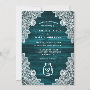 Teal Rustic Country Wood Mason Jar Wedding Invitation