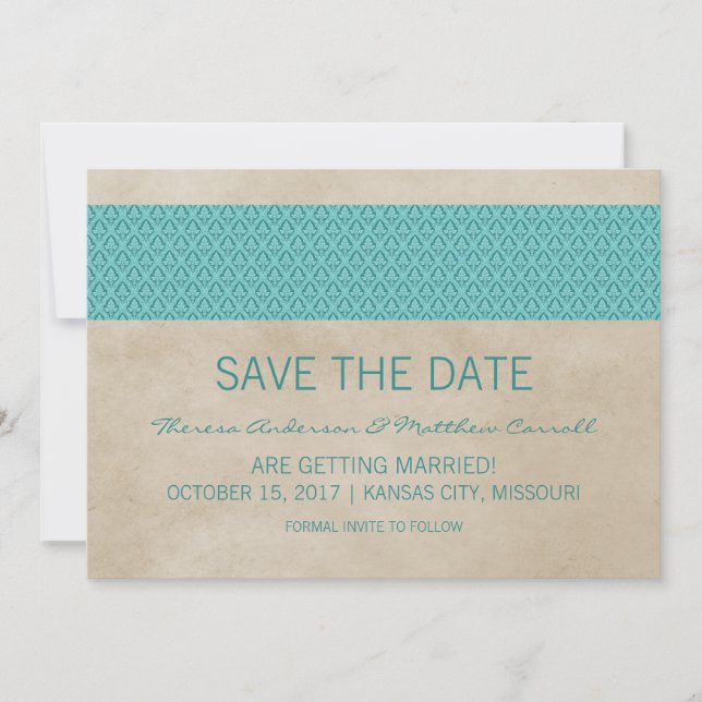 Teal Rustic Damask Save the Date Invite (Front)