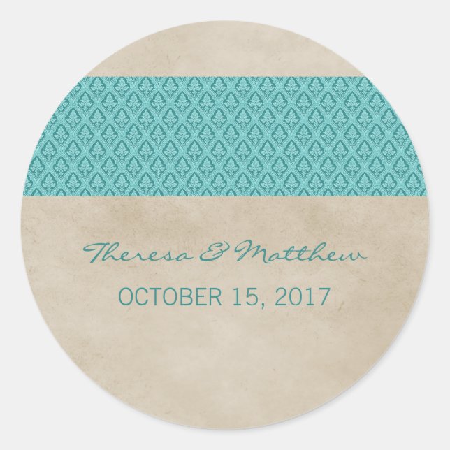Teal Rustic Damask Wedding Stickers (Front)