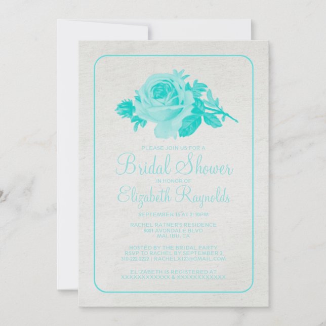 Teal Rustic Floral/Flower Bridal Shower Invitation (Front)