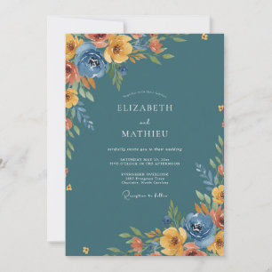 Teal Rustic Floral Romance Wedding Invitation