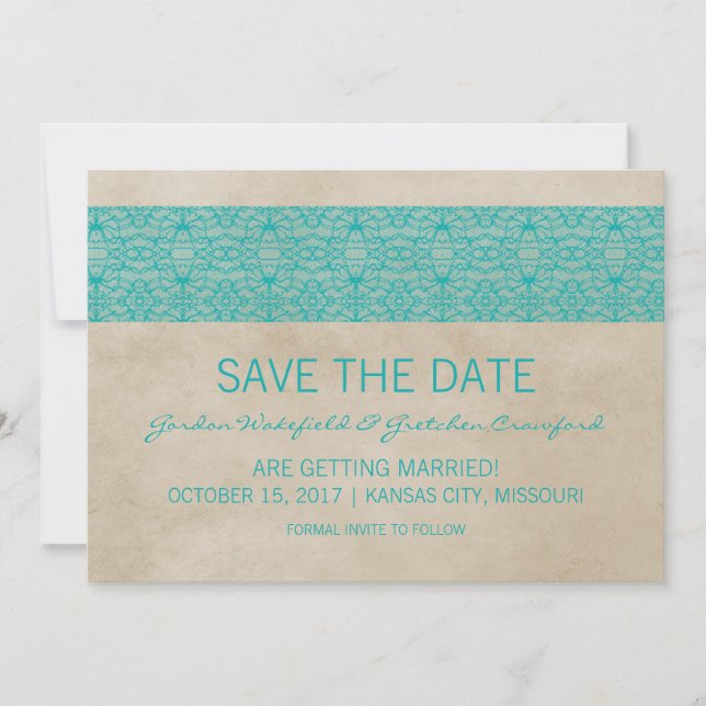 Teal Rustic Lace Save the Date Invite (Front)