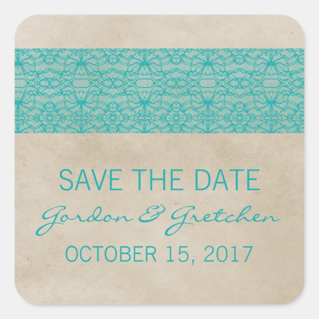 Teal Rustic Lace Save the Date Stickers (Front)