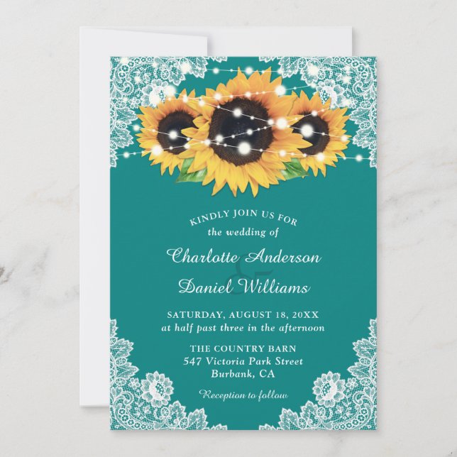Teal Rustic Lace Sunflower Wedding Invitation (Front)