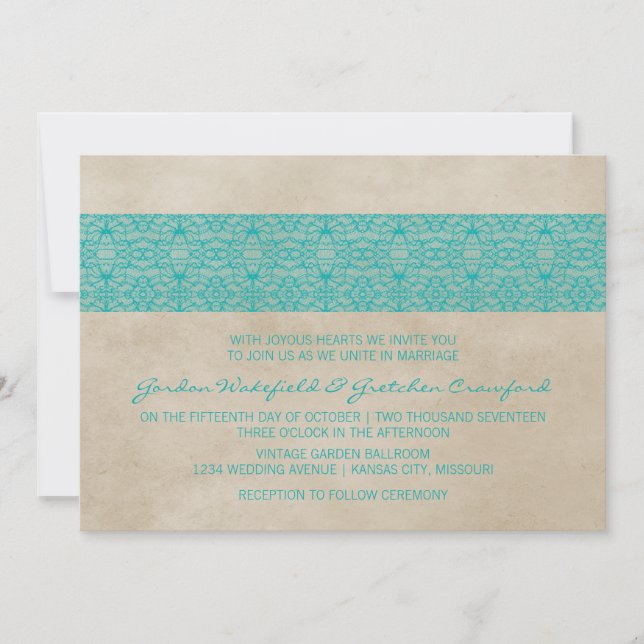 Teal Rustic Lace Wedding Invite (Front)