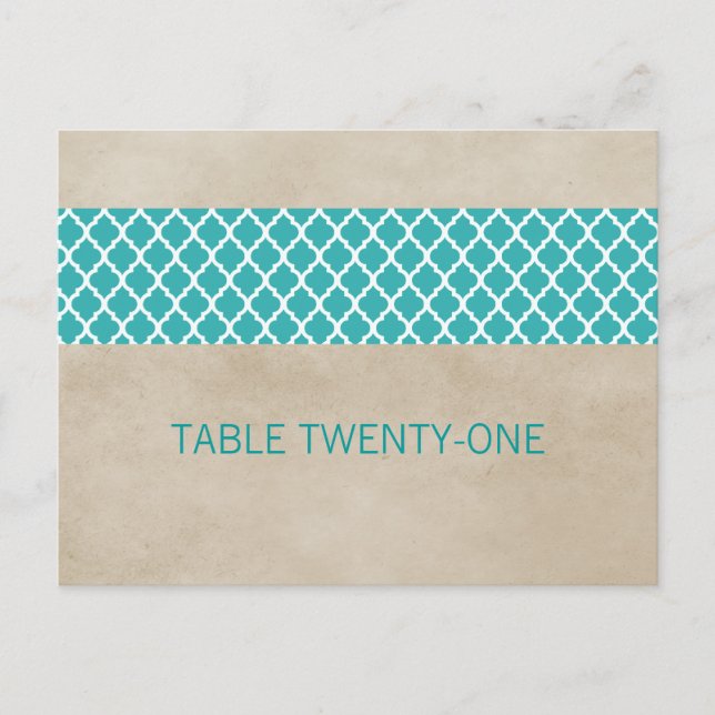 Teal Rustic Quatrefoil Table Number Postcard (Front)
