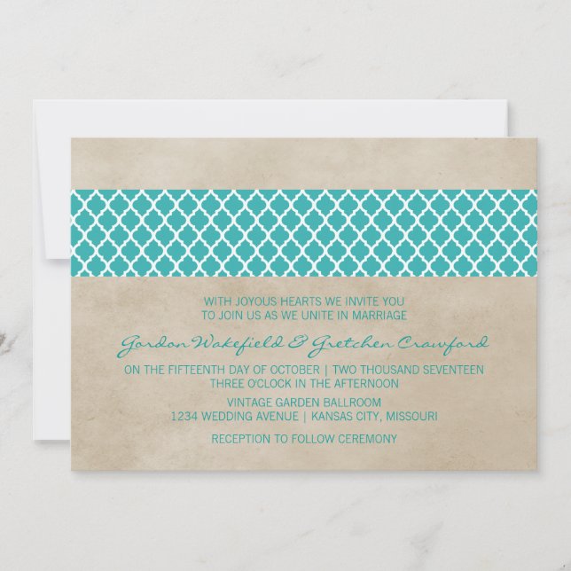 Teal Rustic Quatrefoil Wedding Invite (Front)