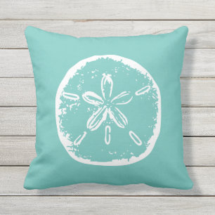 Teal rustic sand dollar beach outdoor throw pillow