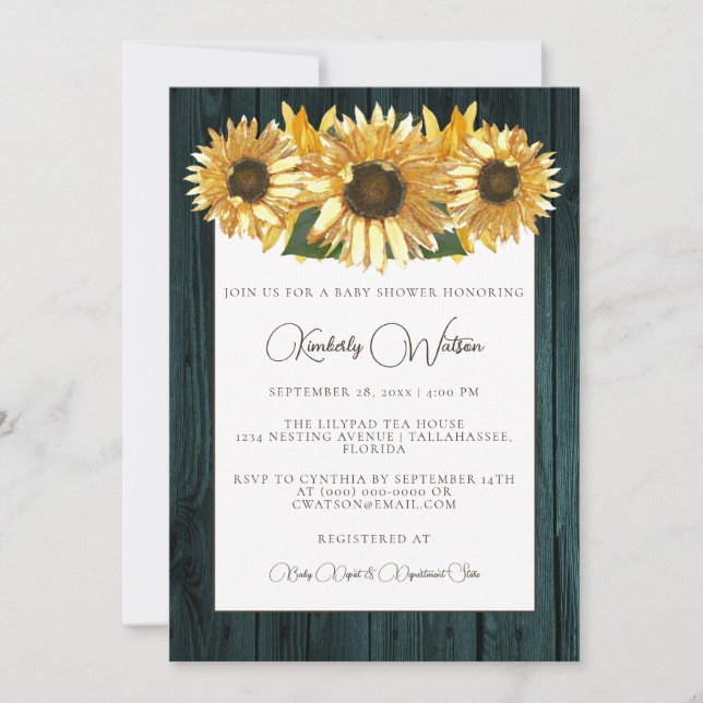 Teal Rustic Sunflower Baby Shower Invitation (Front)