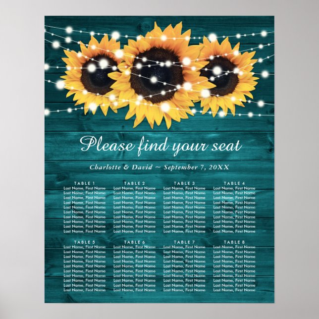 Teal Rustic Sunflower Wedding Seating Chart 8 (Front)