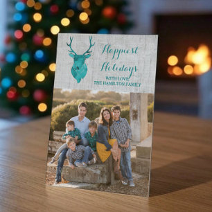 Teal Rustic Watercolor Deer Holiday Photo Flat Card