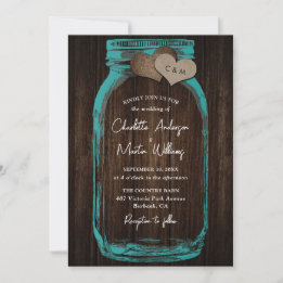 Teal Rustic Wood Burlap Hearts Mason Jar Wedding Invitation