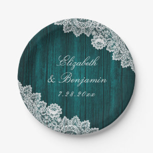 Teal Rustic Wood Floral Lace String Lights Wedding Paper Plate