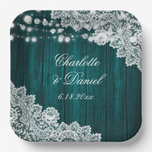 Teal Rustic Wood Floral Lace String Lights Wedding Paper Plate