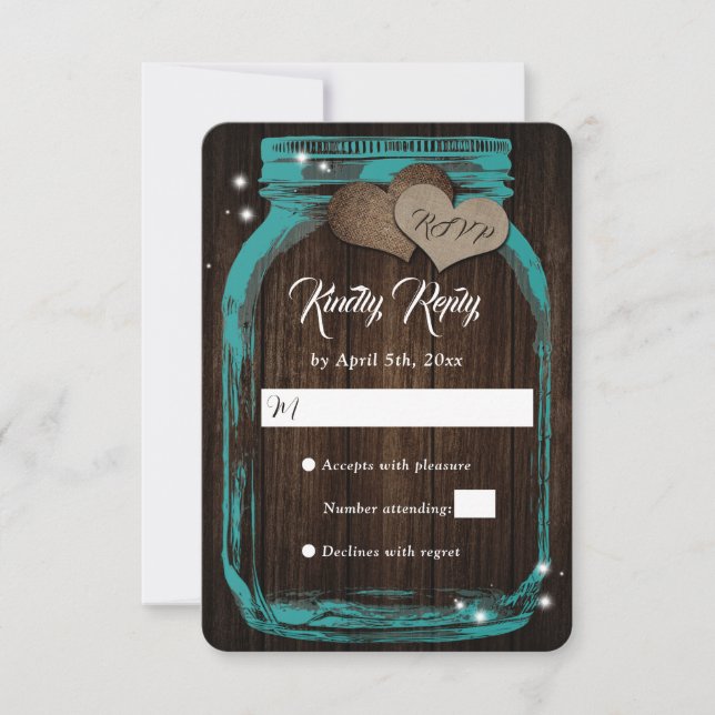 Teal Rustic Wood Hearts Mason Jar Wedding RSVP (Front)