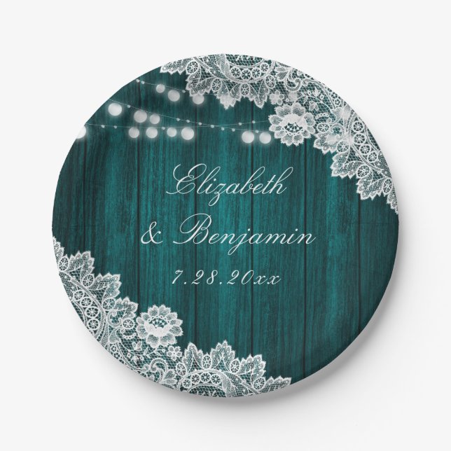 Teal Rustic Wood Lace String Lights Wedding Paper Plate (Front)