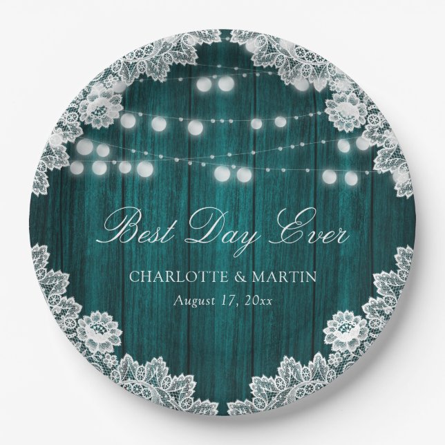 Teal Rustic Wood Lace String Lights Wedding Paper Plate (Front)