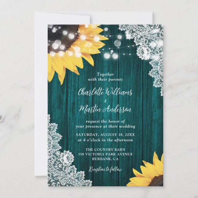 Teal Rustic Wood Lace Sunflower Wedding Invitation (Front)