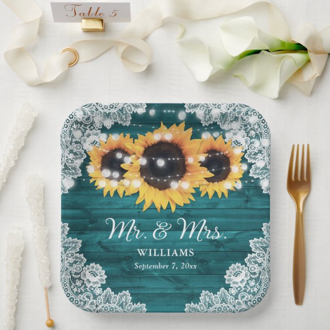 Teal Rustic Wood Lace Sunflower Wedding Paper Plate (Wedding)