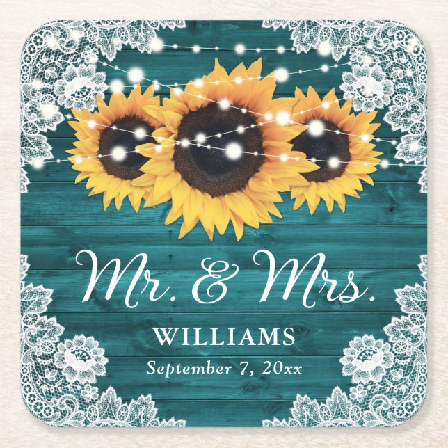 Teal Rustic Wood Lace Sunflower Wedding Square Paper Coaster (Front)