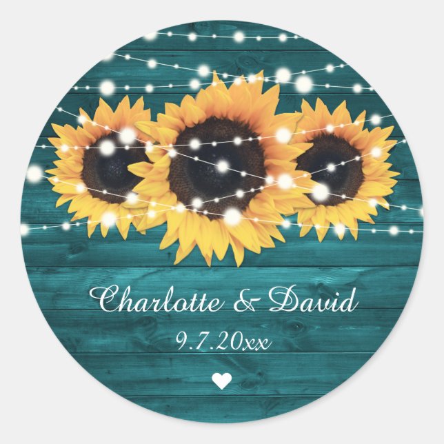 Teal Rustic Wood Lights Sunflower Wedding Classic Round Sticker (Front)