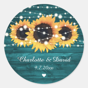 Teal Rustic Wood Lights Sunflower Wedding Classic Round Sticker