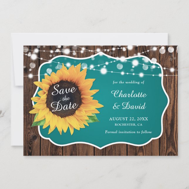 Teal Rustic Wood Lights Sunflower Wedding Save The Date (Front)
