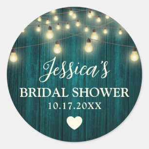 Teal Rustic Wood Lights Wedding Bridal Shower Classic Round Sticker