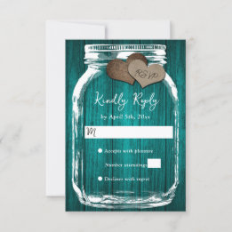 Teal Rustic Wood Mason Jar Fall Wedding RSVP Card