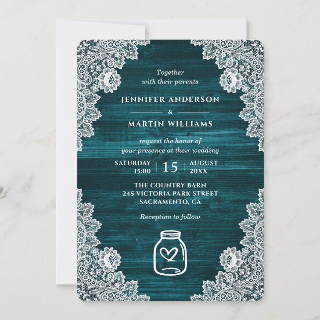 Teal Rustic Wood Mason Jar Floral Lace Wedding Invitation (Front)