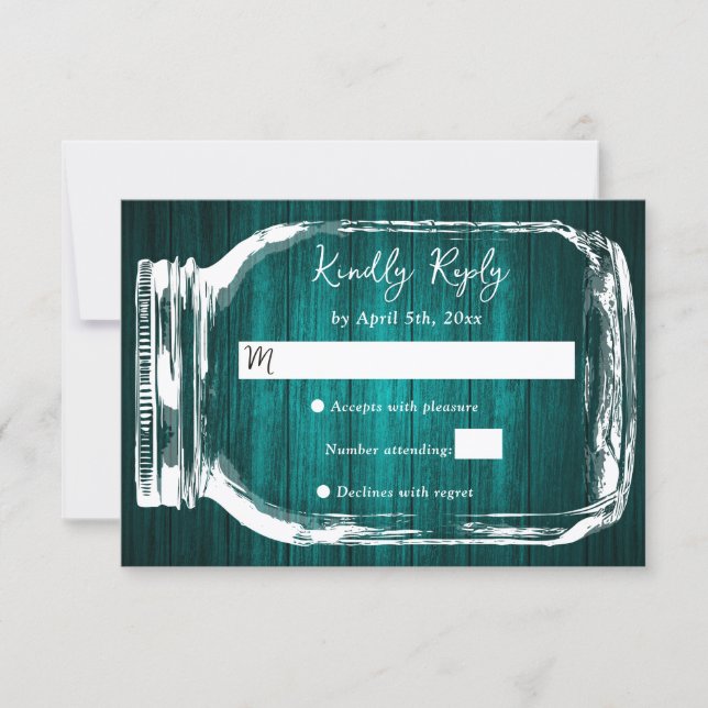 Teal Rustic Wood Mason Jar Rustic Fall Wedding RSVP Card (Front)