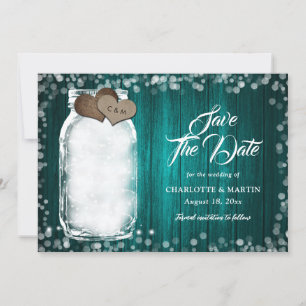Teal Rustic Wood Mason Jar String Lights Wedding Save The Date