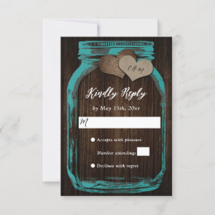 Teal Rustic Wood Mason Jar Two Hearts Wedding RSVP