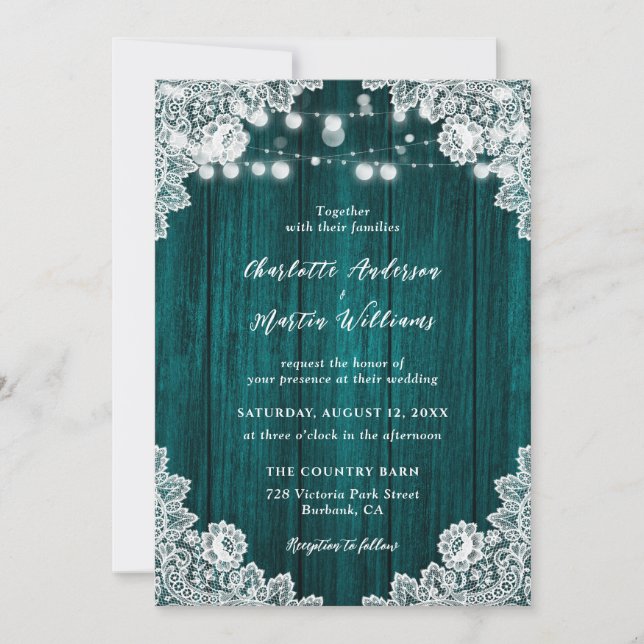 Teal Rustic Wood String Lights Floral Lace Wedding Invitation (Front)