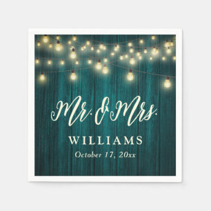Teal Rustic Wood String Lights Mr and Mrs Wedding Napkin