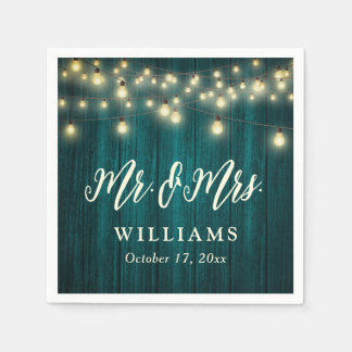 Teal Rustic Wood String Lights Mr and Mrs Wedding Napkin