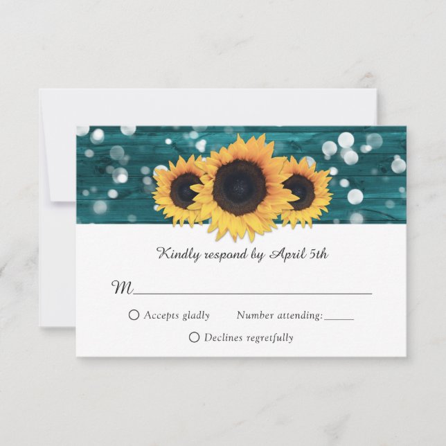 Teal Rustic Wood Sunflower Wedding RSVP Cards (Front)