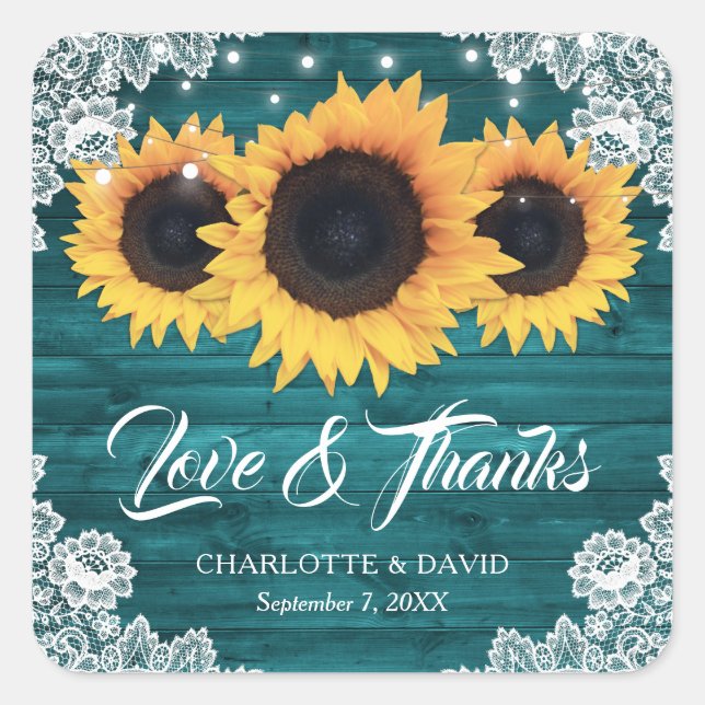 Teal Rustic Wood Sunflower Wedding Thank You Square Sticker (Front)