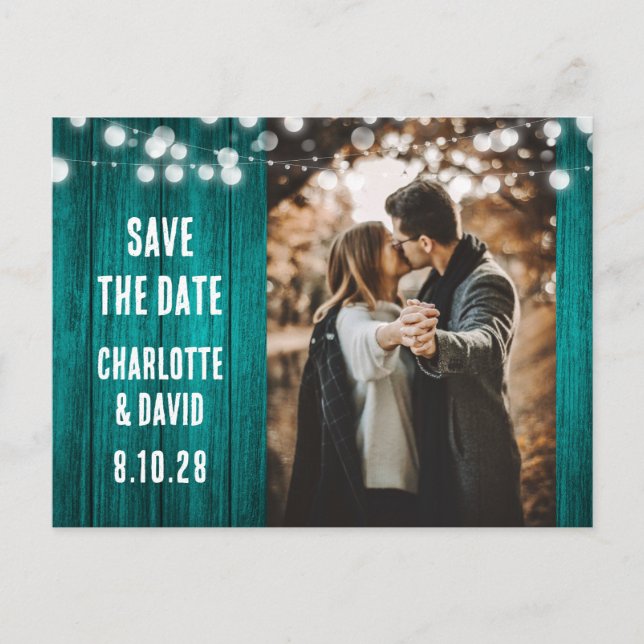 Teal Rustic Wood Wedding Photo Save The Date Announcement Postcard (Front)