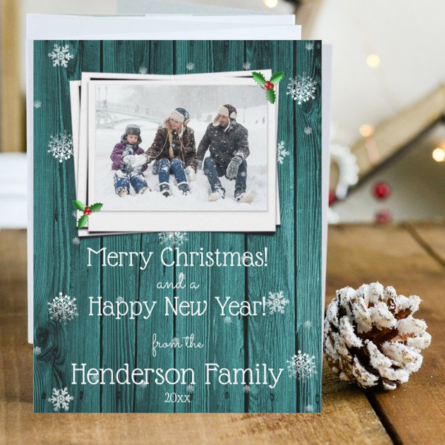 Teal Rustic Wooden Flat Holiday Photo Card (Teal Rustic Wooden Photo Christmas Card)