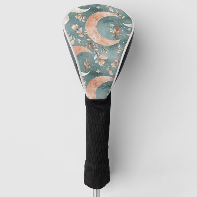Teal Sage Celestial Crescent Moon Floral Golf Head Cover (Front)
