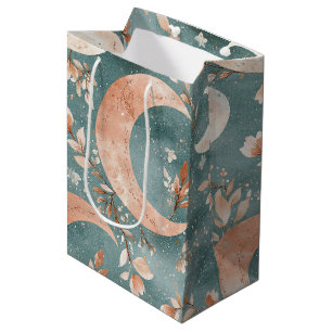 Teal Sage Celestial Crescent Moon Floral Medium Gift Bag