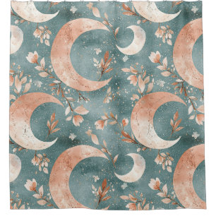 Teal Sage Celestial Crescent Moon Floral Shower Curtain