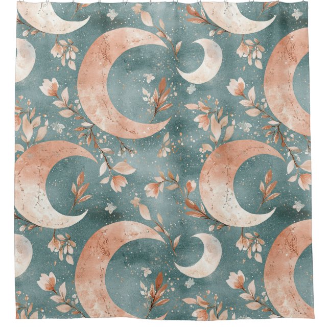 Teal Sage Celestial Crescent Moon Floral Shower Curtain (Front)