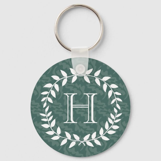 Teal & Sage Greenery Botanical Wreath Monogrammed Key Ring (Front)