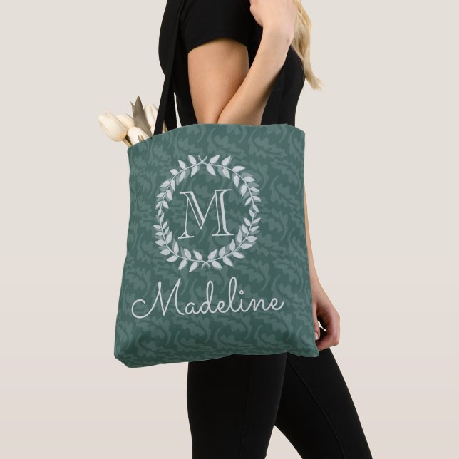Teal & Sage Greenery Botanical Wreath Monogrammed Tote Bag (Close Up)