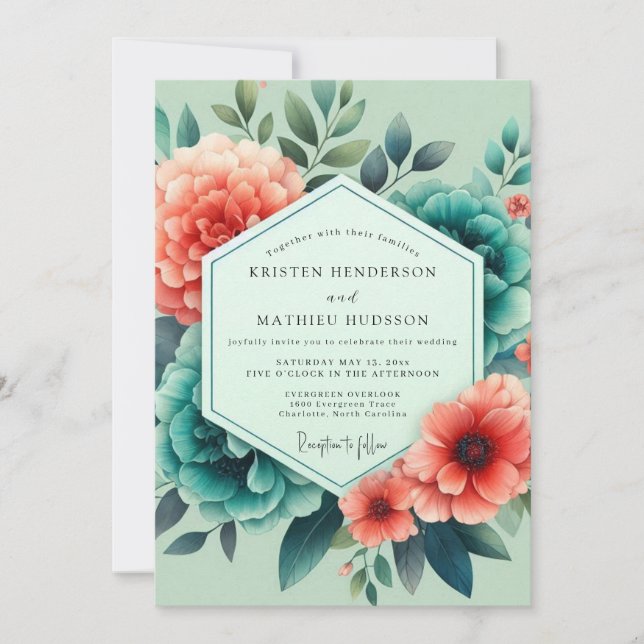 Teal Salmon Aquarelle Wedding Invitation (Front)